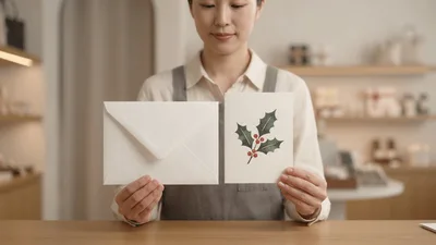 Shop Assistant Holding Christmas Card And Envelope
