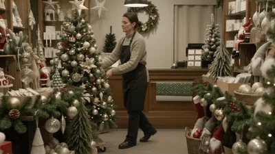 Shop Assistant Moving A Decorated Christmas Tree