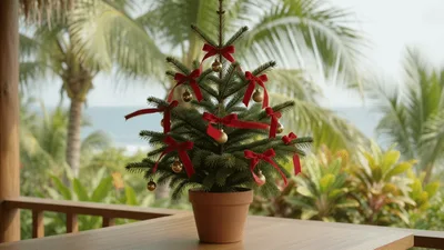 Small Potted Christmas Tree Decorated With Red Bows