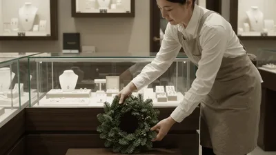 Jewelry Store Employee Decorating Display Case With Christmas Wreath