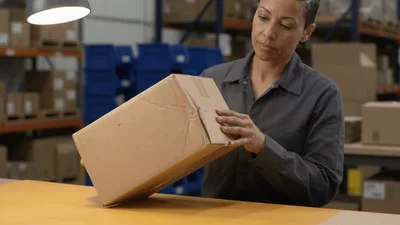 Warehouse Worker Inspecting A Cardboard Shipping Box