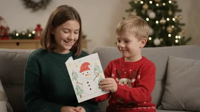 Children Showing Handmade Christmas Card To Camera