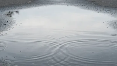 Raindrops Creating Ripples In A Puddle On Asphalt