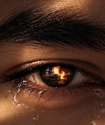 Close Up Of A Crying Eye Reflecting A Burning Car