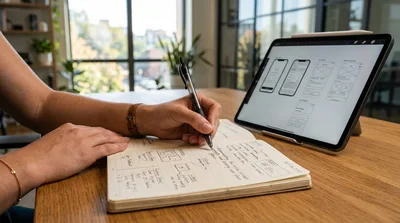 Designer Sketching Wireframes In Notebook Next To Tablet