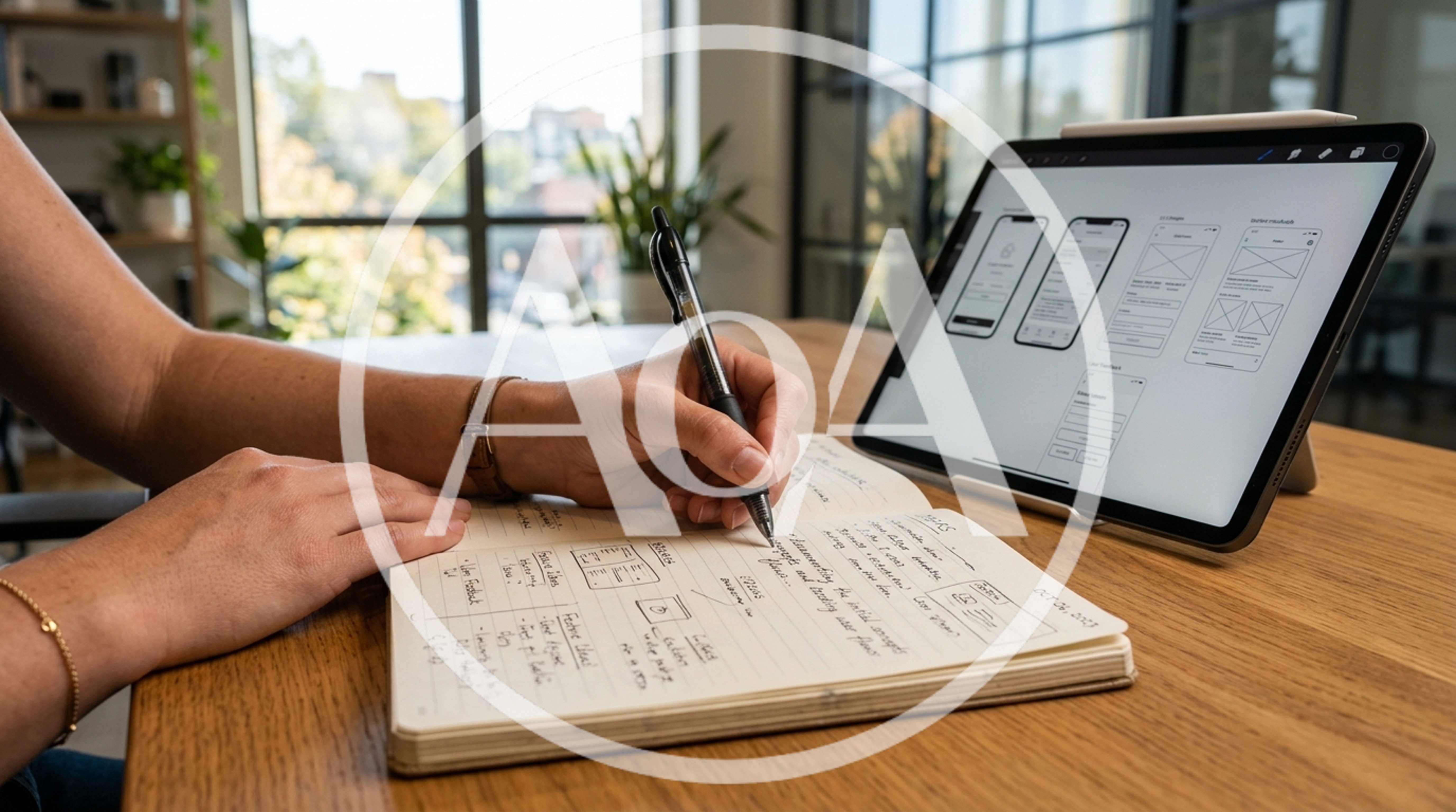 Designer Sketching Wireframes In Notebook Next To Tablet