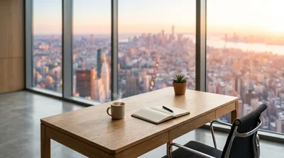 Modern Office Desk Overlooking New York City Skyline