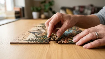 Senior Woman Placing Wooden Puzzle Piece