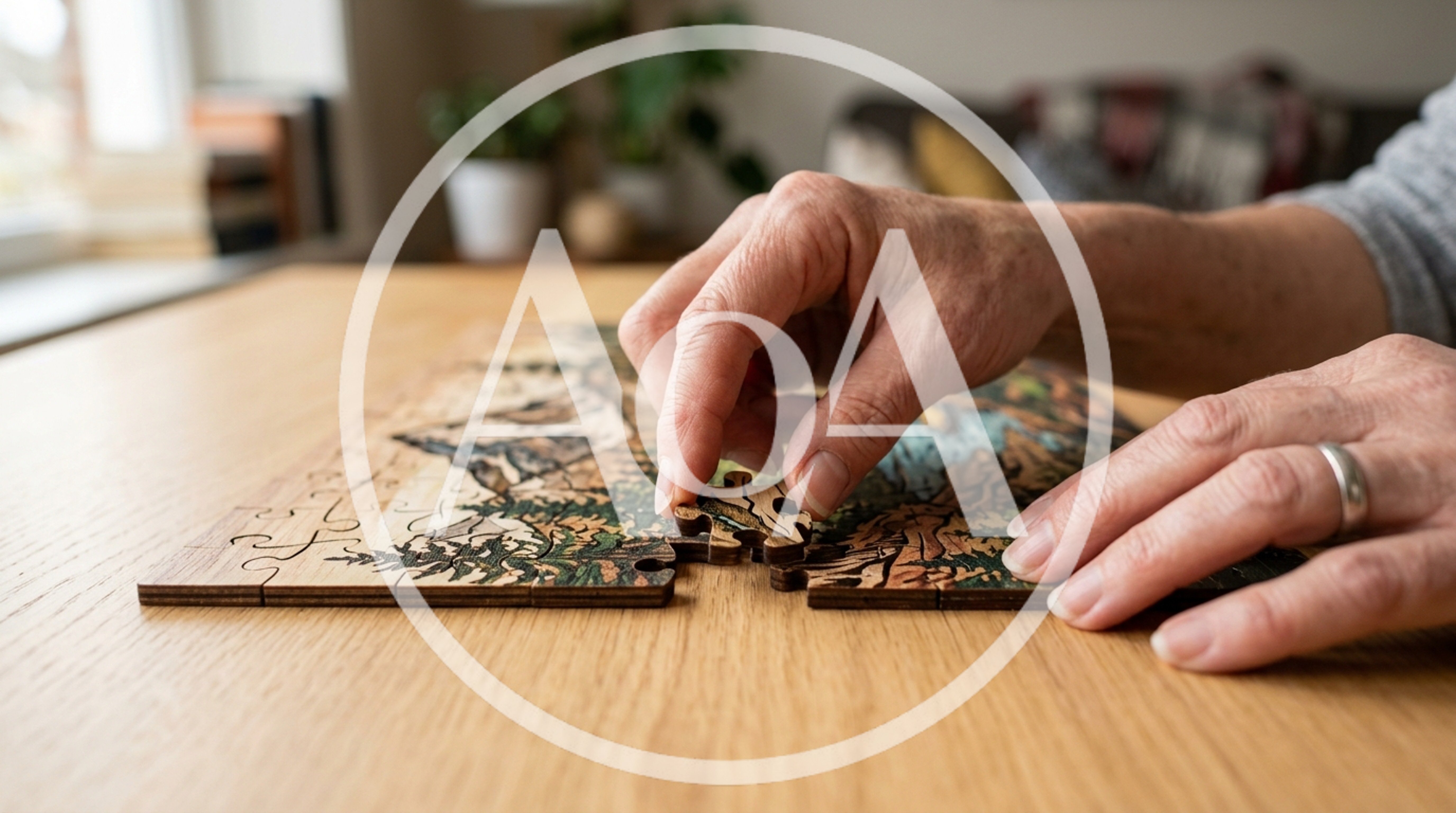 Senior Woman Placing Wooden Puzzle Piece