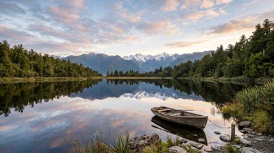 Wooden Rowboat Moored at Lake Matheson New Zealand