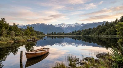 Wooden Rowboat Moored On Lake Matheson New Zealand