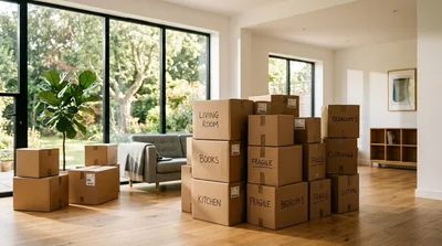 Cardboard Moving Boxes Stacked In A Modern Living Room