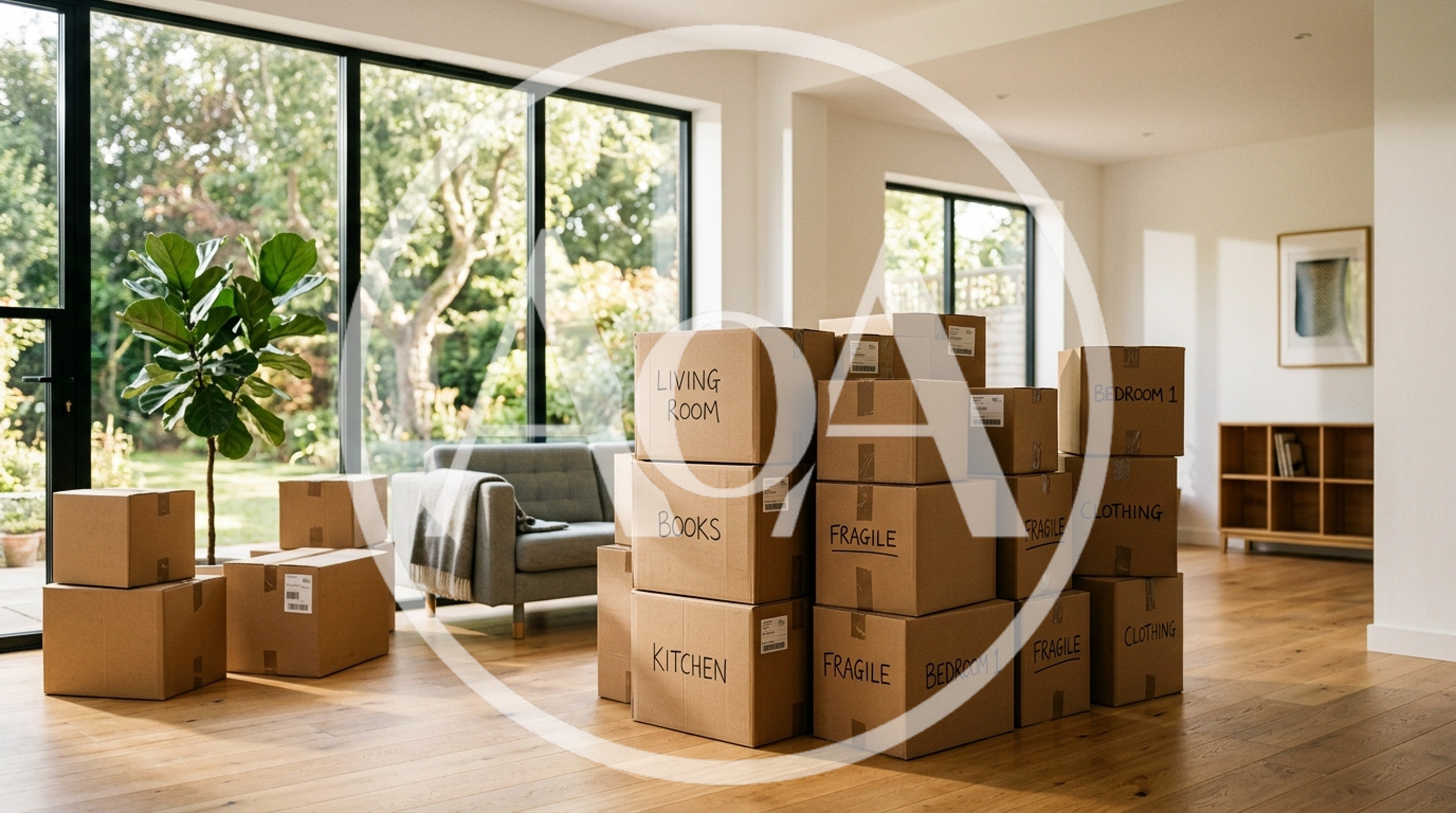 Cardboard Moving Boxes Stacked In A Modern Living Room