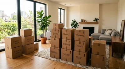 Cardboard Moving Boxes Stacked in a Modern Living Room