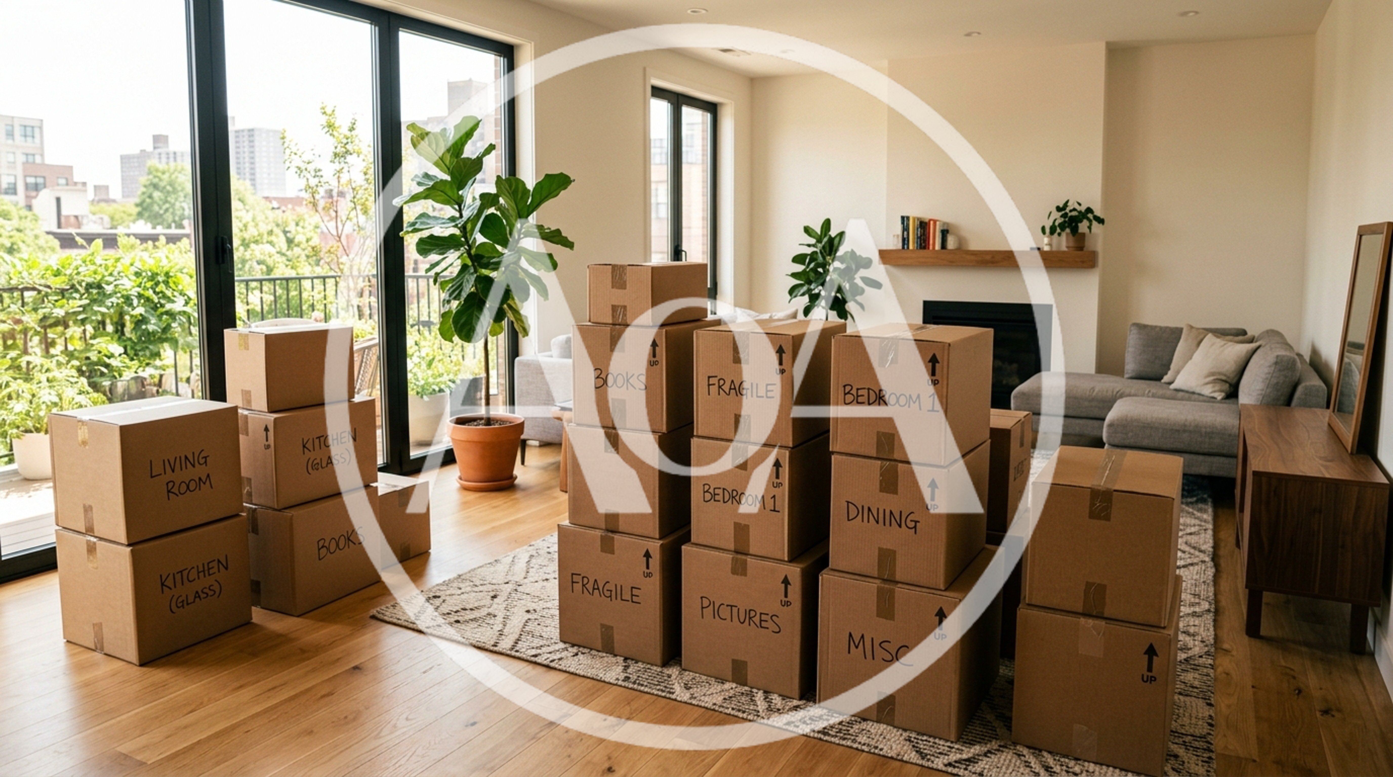 Cardboard Moving Boxes Stacked in a Modern Living Room