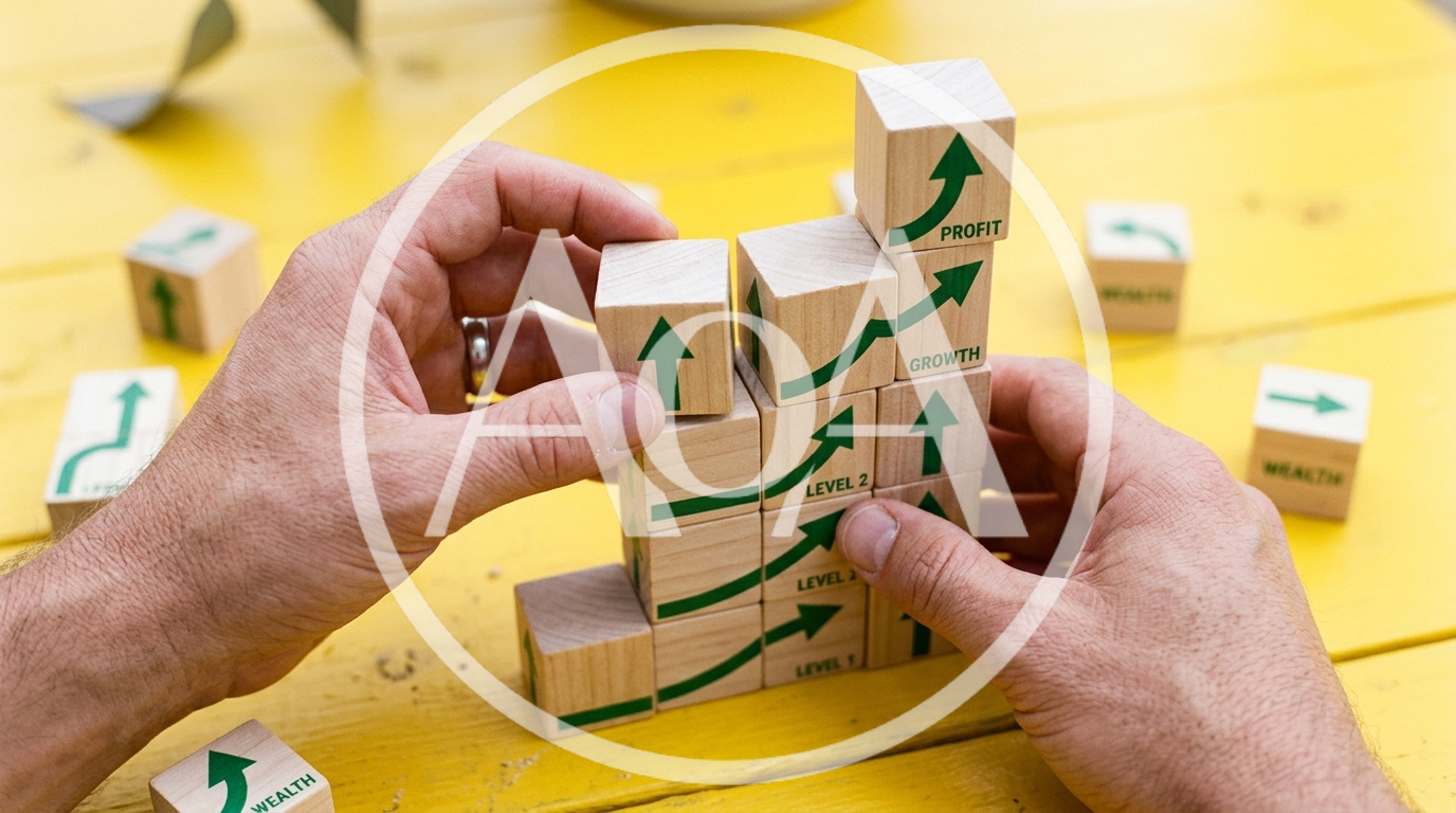Hands Building A Business Growth Pyramid With Wooden Blocks