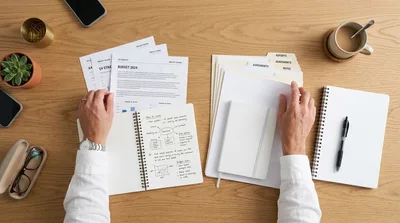 Person Reviewing Business Documents And Budget At Desk