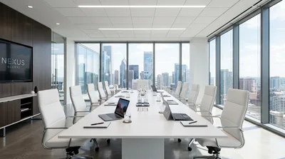 Modern Corporate Conference Room With City Skyline View