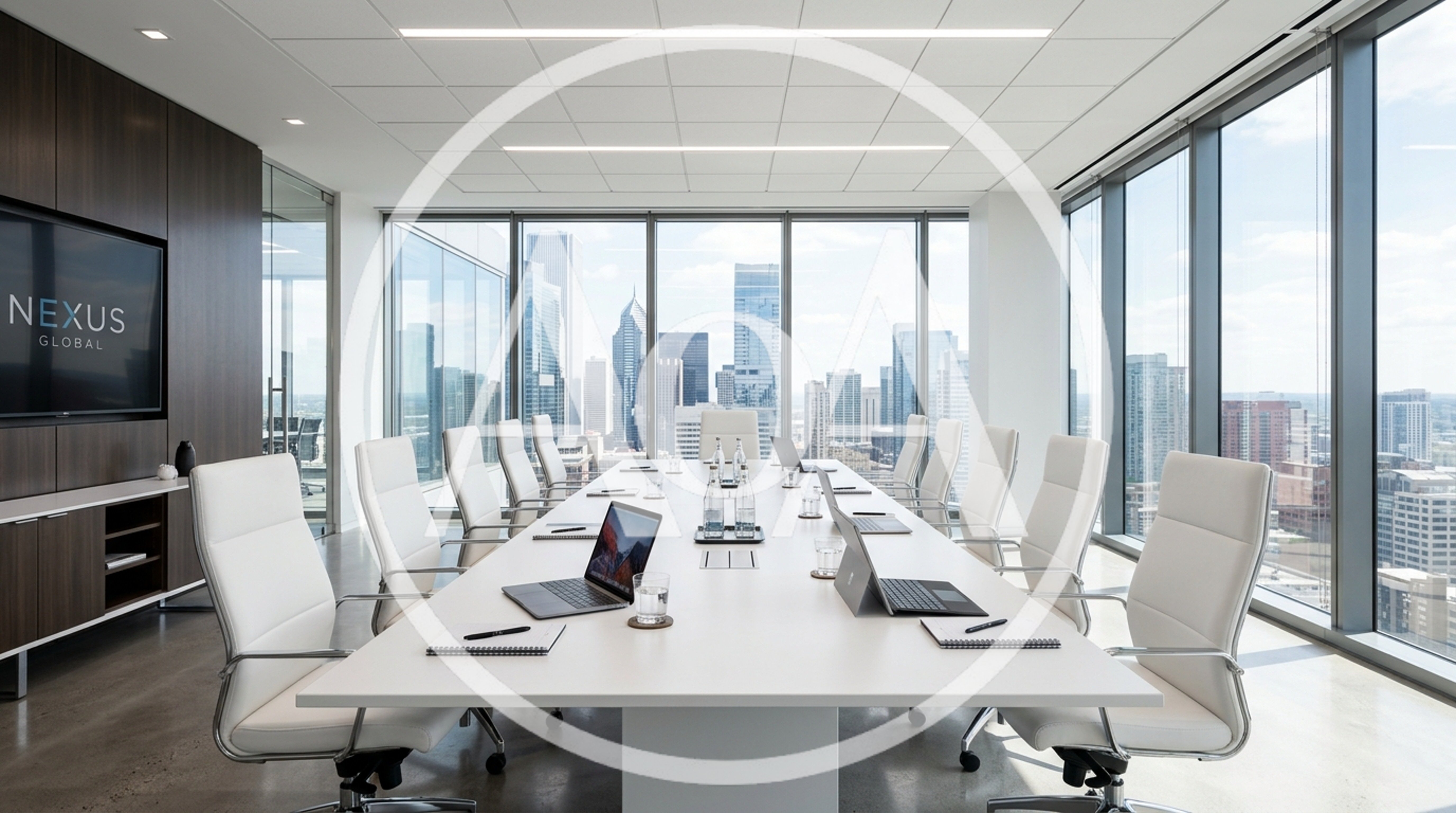 Modern Corporate Conference Room With City Skyline View