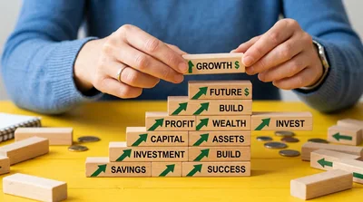 Person Building Financial Success Concept With Wooden Blocks