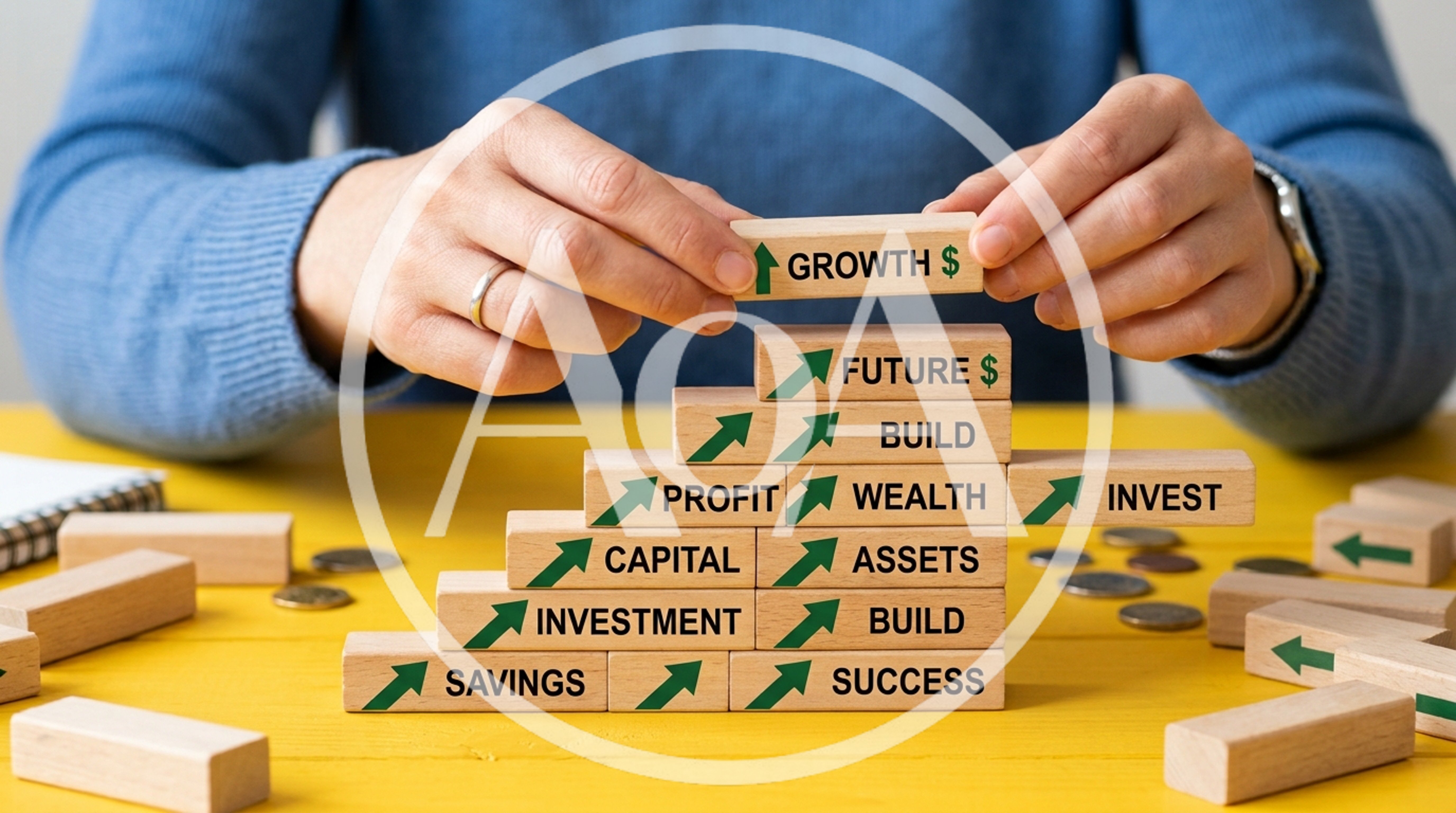 Person Building Financial Success Concept With Wooden Blocks