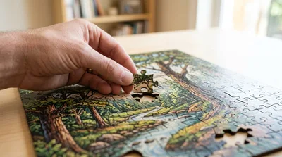 Hand Placing Puzzle Piece Into Landscape Jigsaw