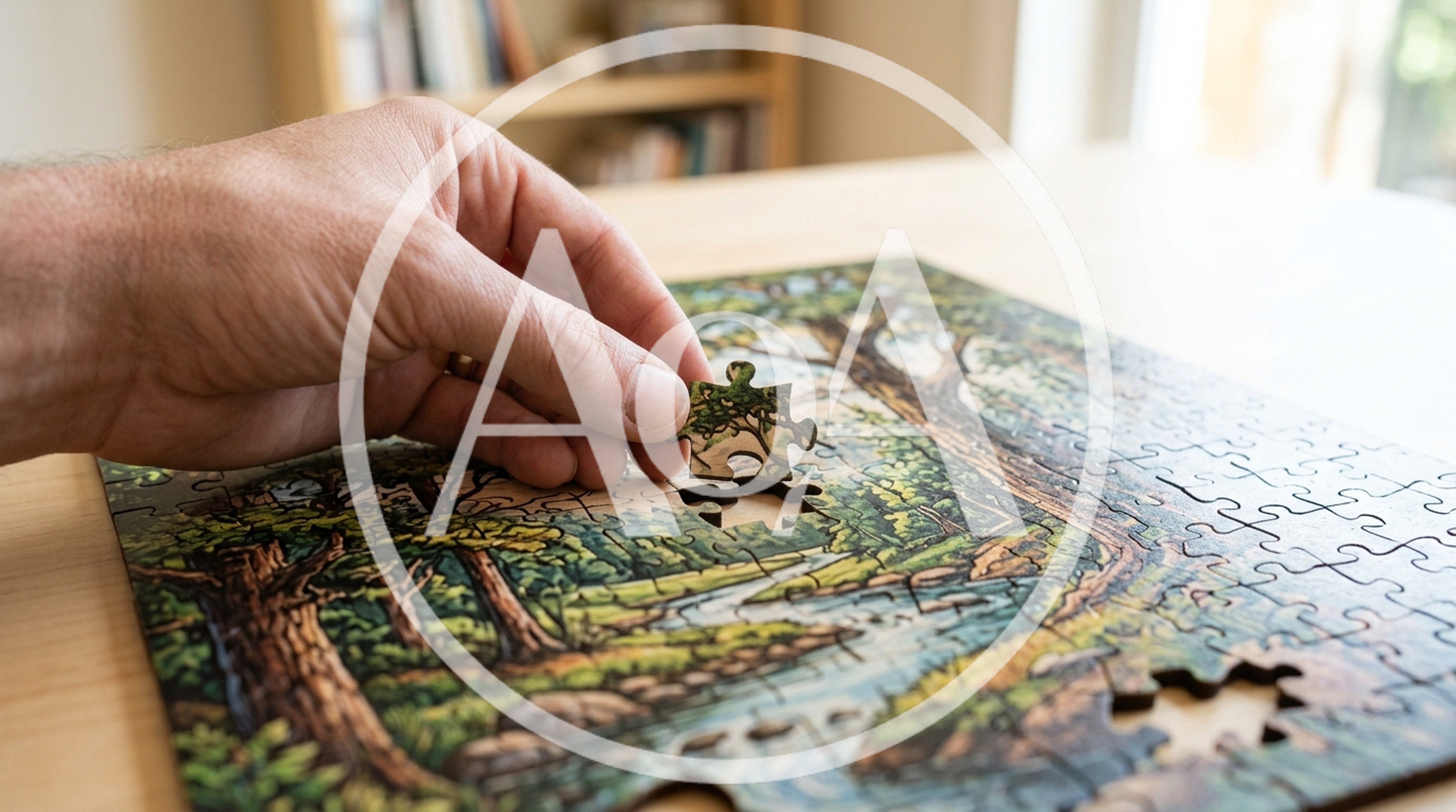 Hand Placing Puzzle Piece Into Landscape Jigsaw