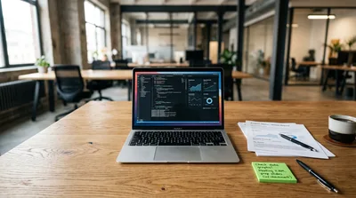 Laptop With Code And Data Charts On Office Desk
