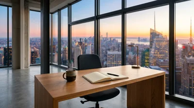Modern Office Desk Overlooking New York City Skyline