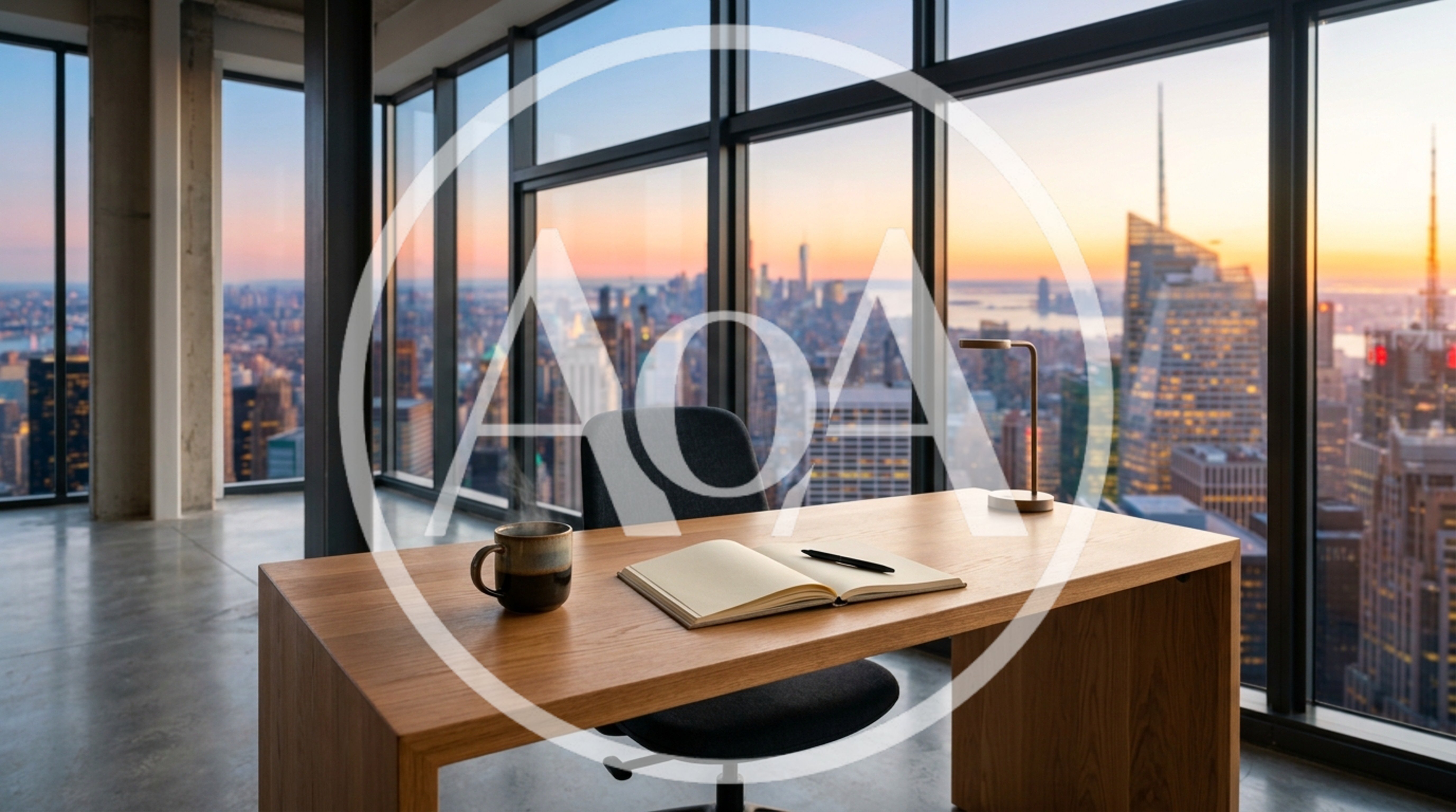 Modern Office Desk Overlooking New York City Skyline