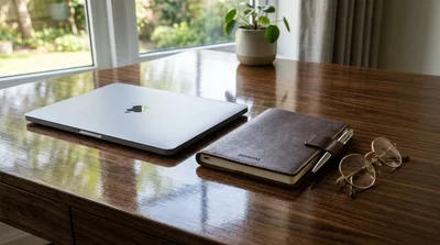 Laptop And Leather Journal On A Wooden Desk