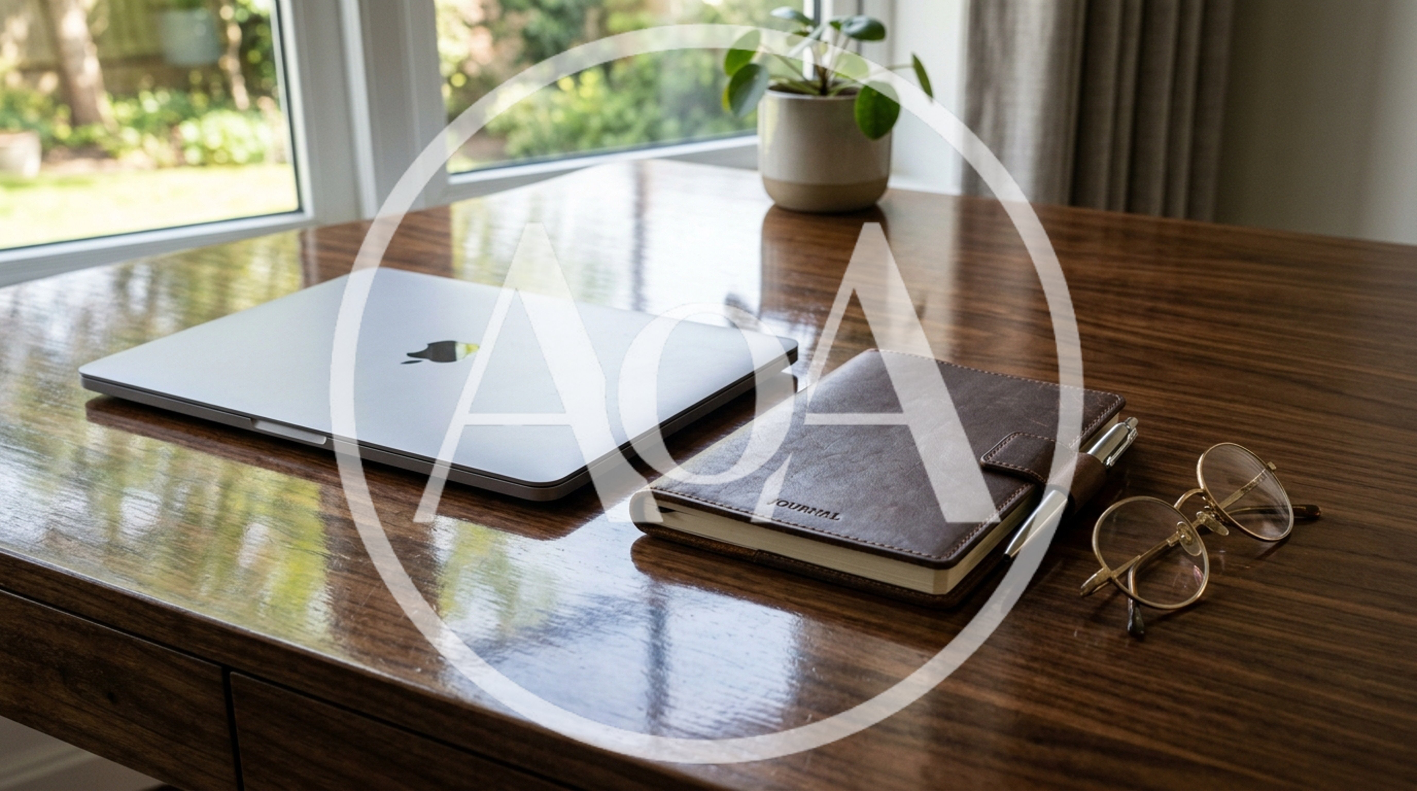 Laptop And Leather Journal On A Wooden Desk