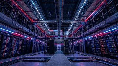 Modern Data Center Server Room With Glowing Lights