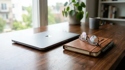 Laptop And Notebook On A Wooden Desk