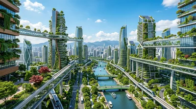 Futuristic Eco Cityscape With Elevated Transit And Greenery