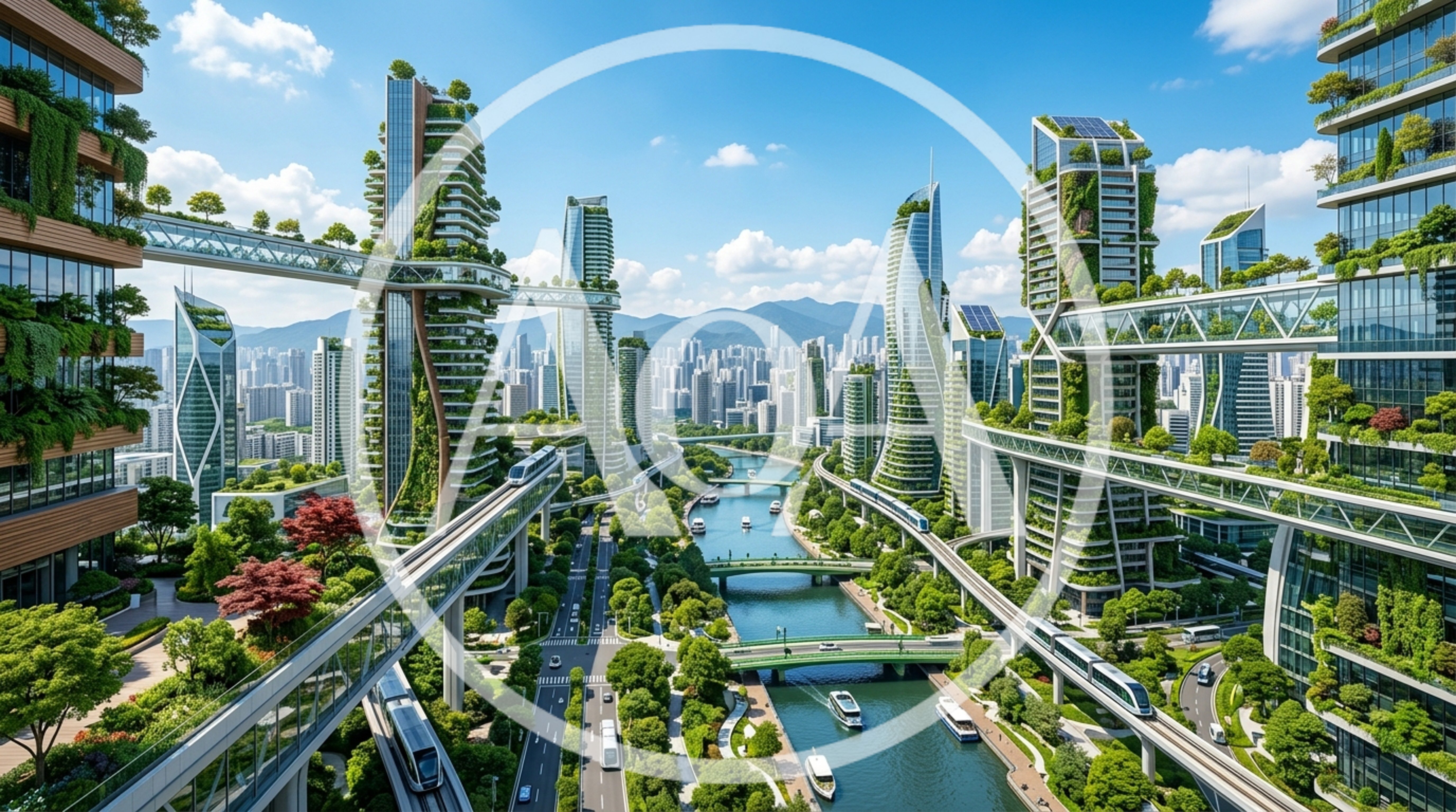 Futuristic Eco Cityscape With Elevated Transit And Greenery
