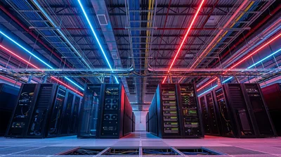 Modern Data Center Server Room With Neon Lighting