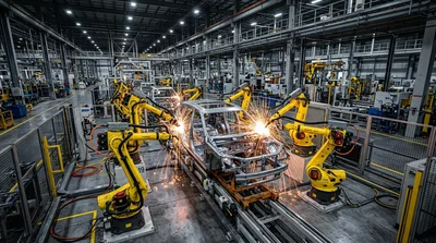 Automated Robotic Welding In A Modern Car Factory