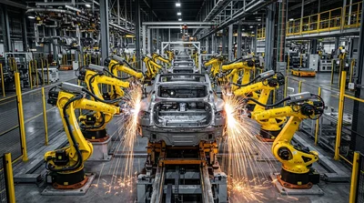 Automated Robotic Welding Of Car Chassis In Factory