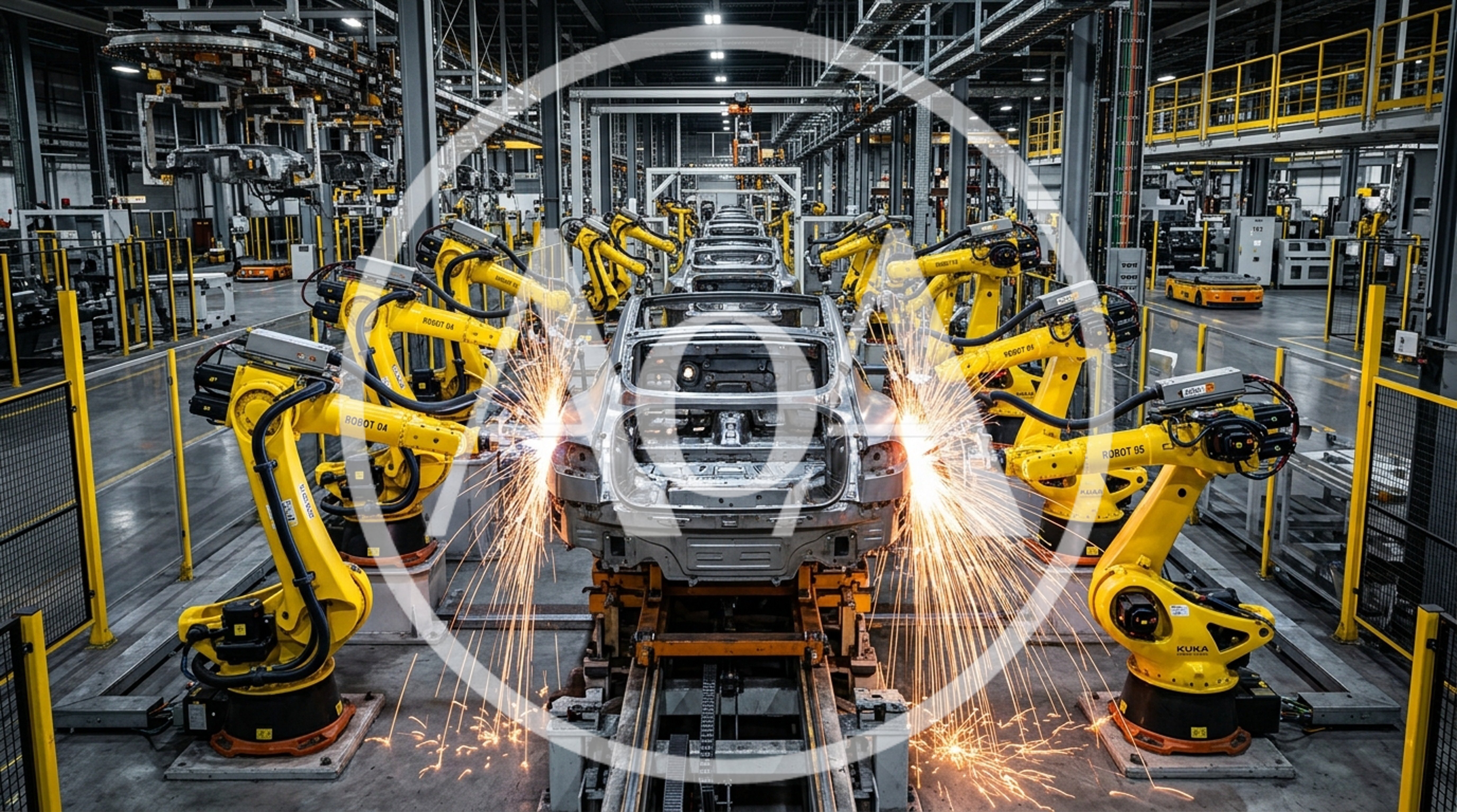Automated Robotic Welding Of Car Chassis In Factory