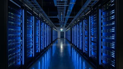 Modern Data Center Server Room With Glowing Blue Lights