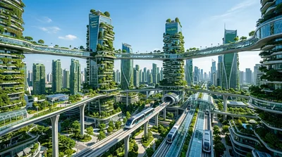 Futuristic Eco City With Elevated Monorail And Green Skyscrapers