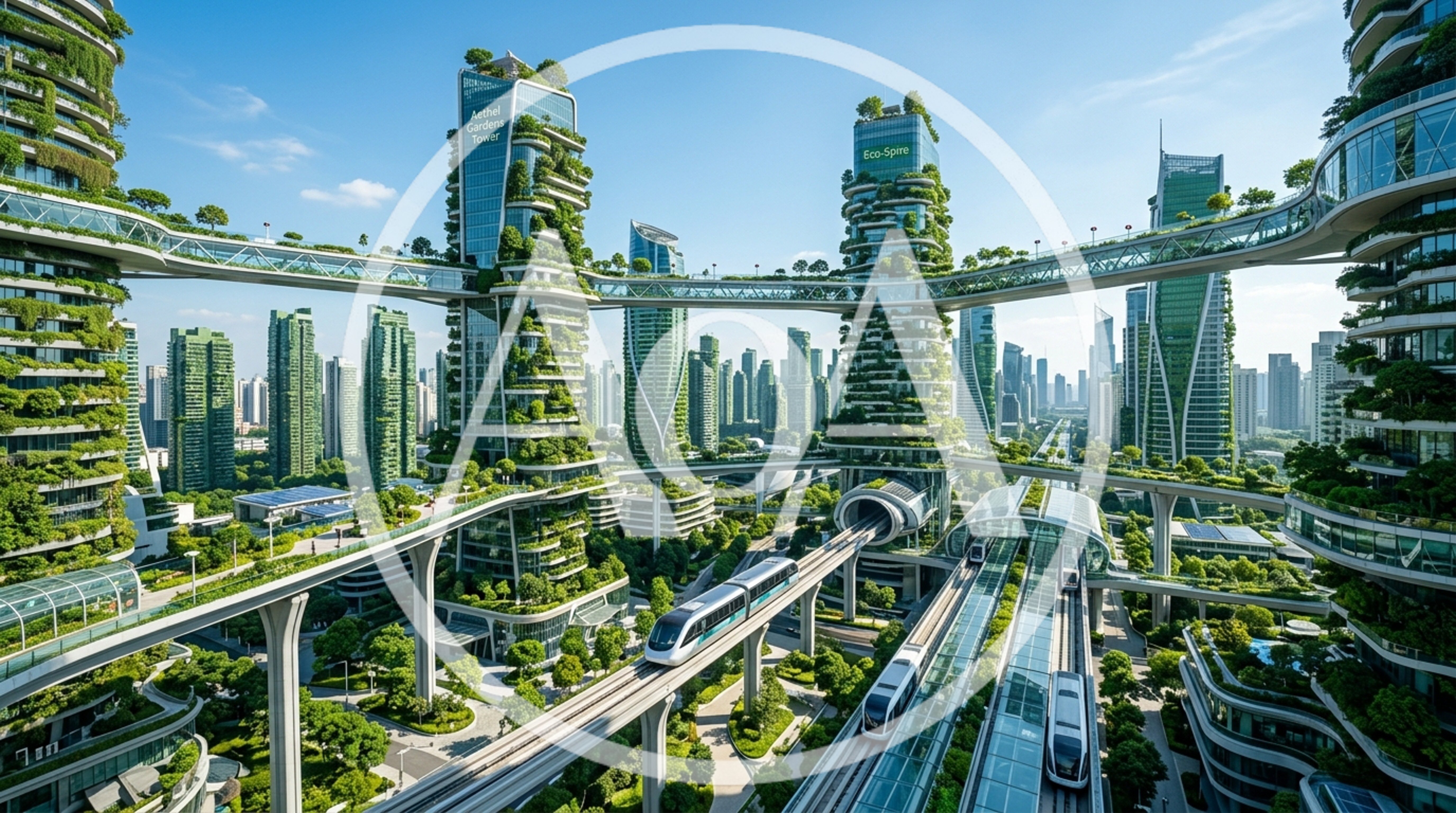 Futuristic Eco City With Elevated Monorail And Green Skyscrapers