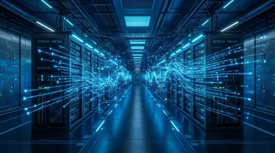 Digital Data Flow Through Futuristic Server Room