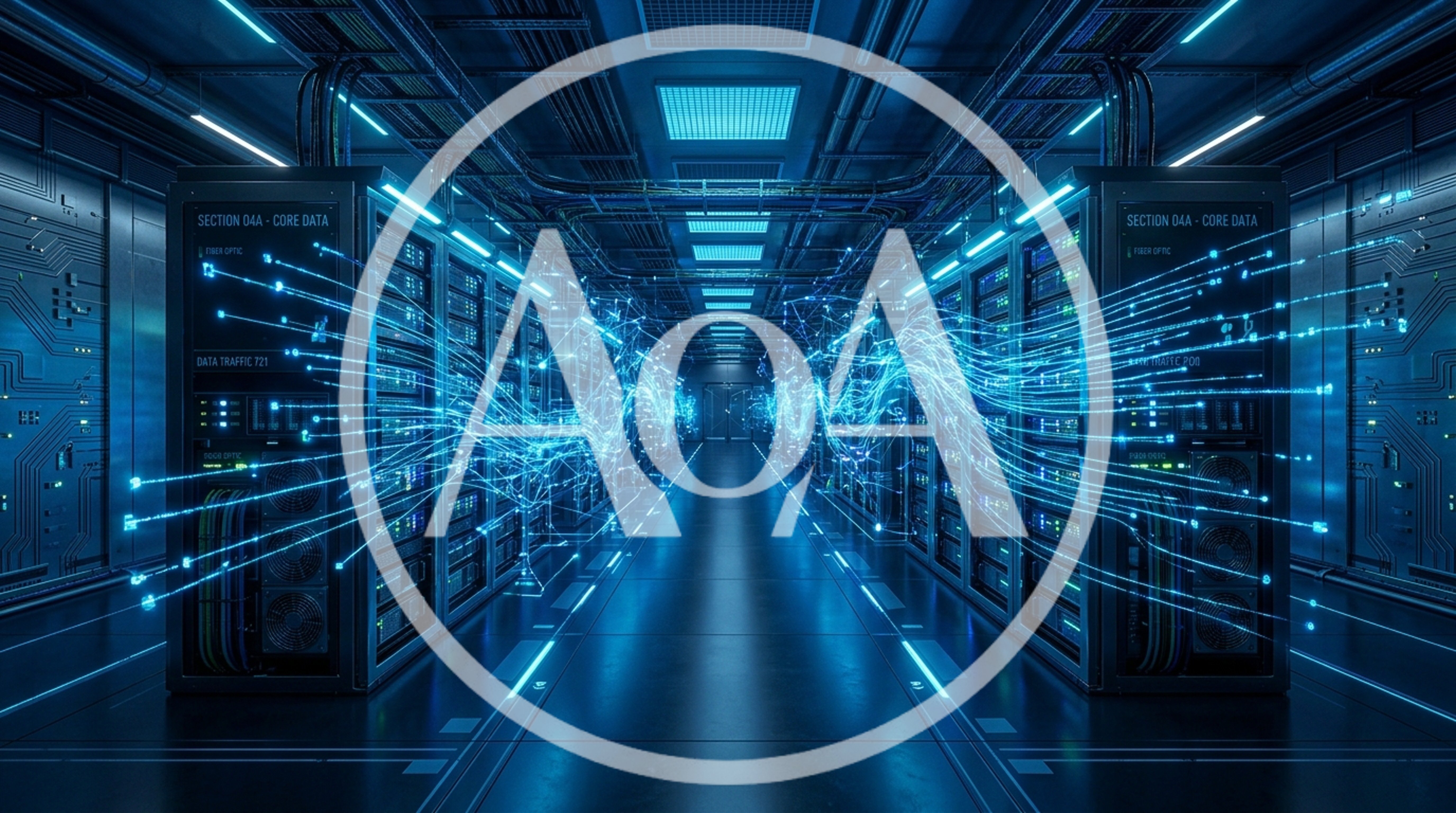 Digital Data Flow Through Futuristic Server Room