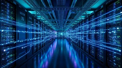 Futuristic Data Center Server Room With Digital Network Connections