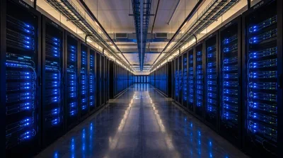 Modern Data Center Server Room With Glowing Blue Lights