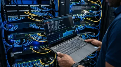 IT Technician Monitoring Network Traffic on Laptop