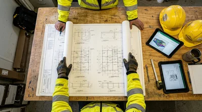 Construction Engineers Reviewing Architectural Blueprints on Site