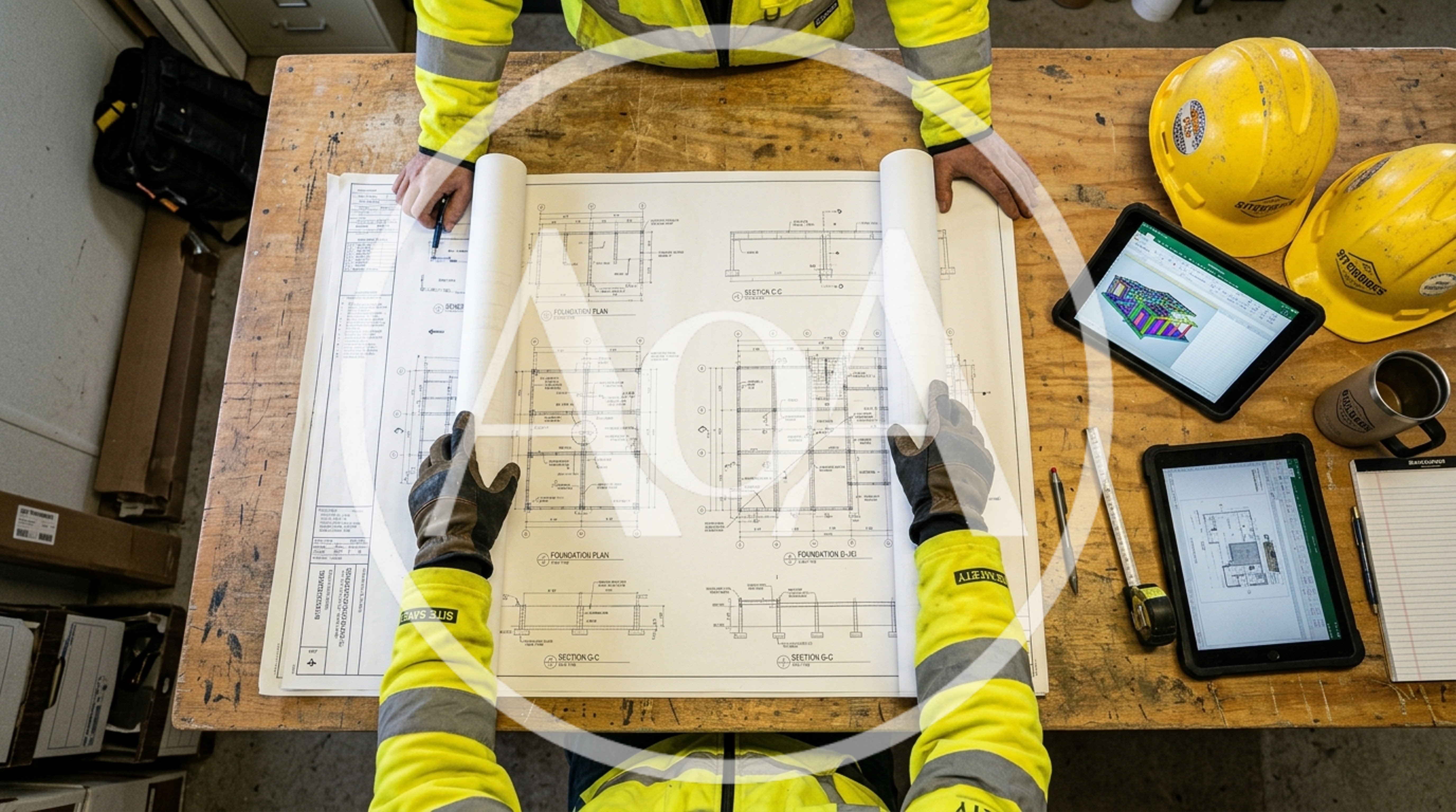 Construction Engineers Reviewing Architectural Blueprints on Site